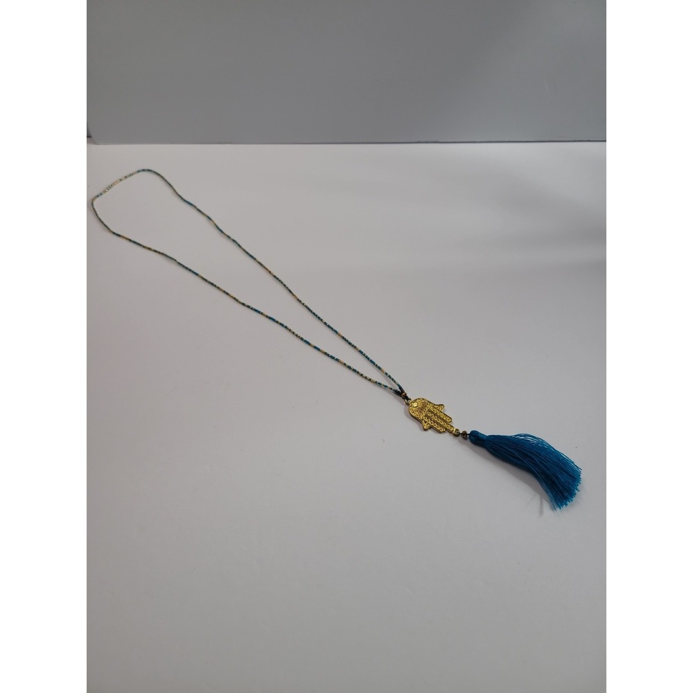 Gold Tone Hamsa Hand Blue Tassel Necklace Beaded Boho Evil Eye Protection - Picture 5 of 8